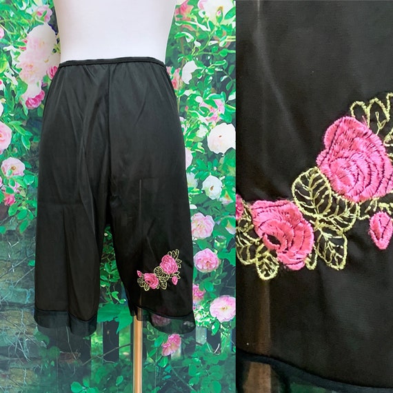 60s Black Nylon Pettipants Rose Applique Knickers - image 1