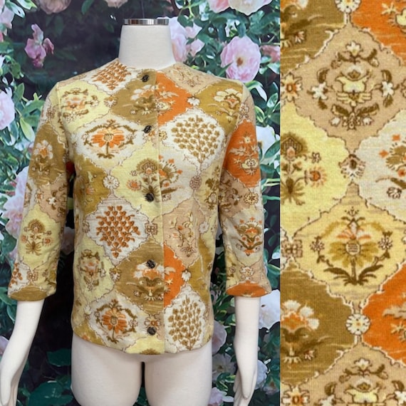 50s Kio for Hooper Gold Floral Wool Cardigan - image 1