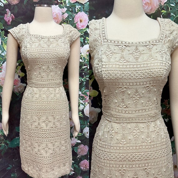 60s Peggy Hunt Beige Crochet Lace Dress - image 1