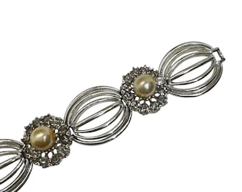 60s Rhinestone Pearl Silver Tone Link Bracelet