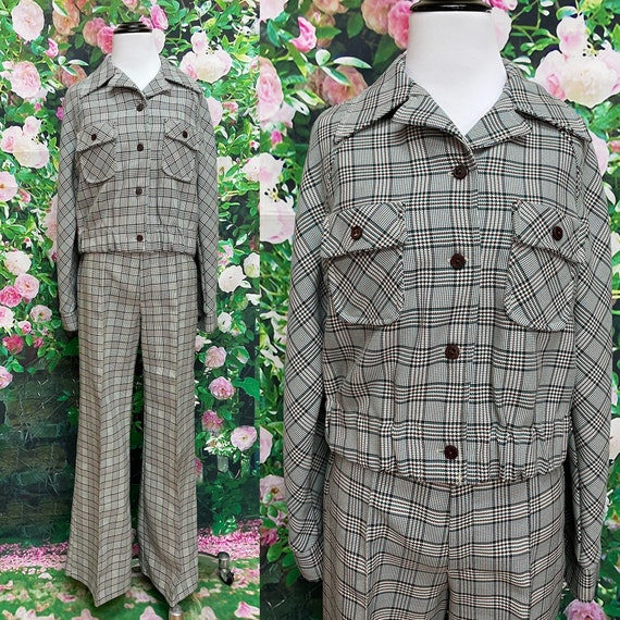 60s Green Plaid Leisure Suit Bell Bottoms High Wa… - image 1