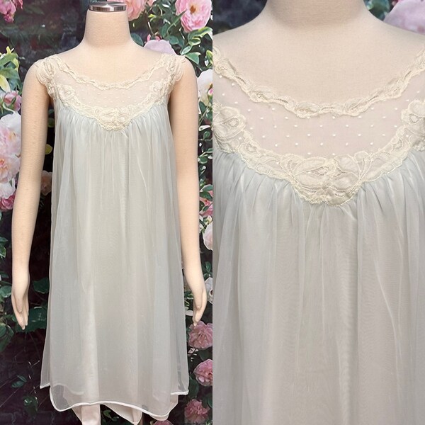 60s Pale Green Chiffon Nightgown Floral Lace