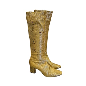 60s Gold Lame Gogo Boots Rhinestone Daisy Size