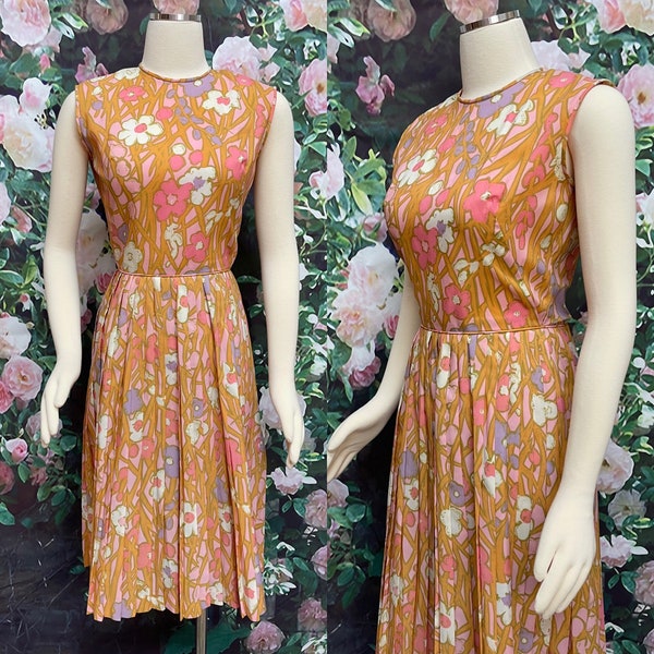 60s Fritzi California Pink Gold Floral Fit Flare Dress