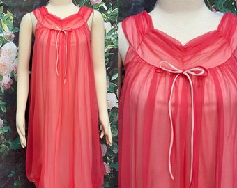 60s Coral Pink Chiffon Swing Nightgown Bubble Hem