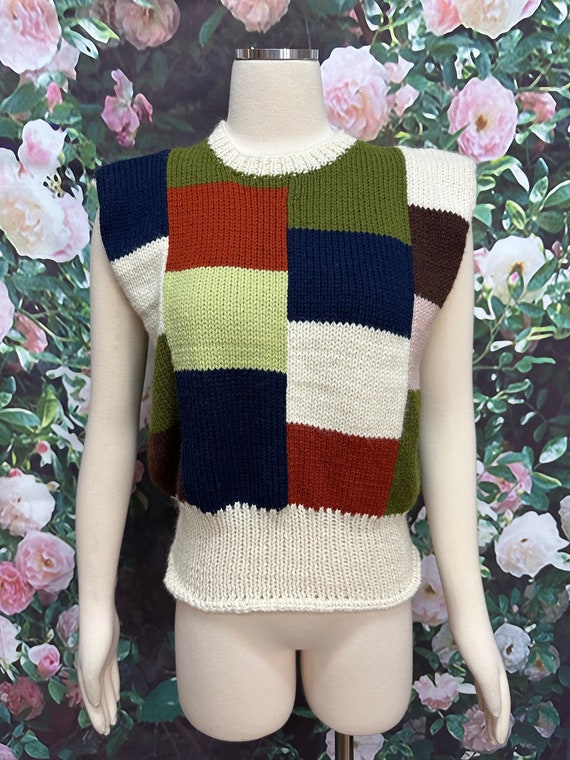 70s Knitted Color Block Patchwork Sweater Vest
