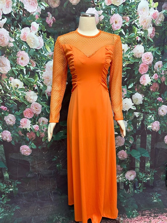 70s orange dress 70s Orange Net Top Maxi Dress Shirred Sides Sexy