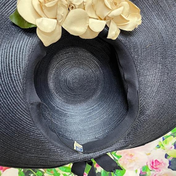 40s Blue Straw Halo Hat Cream Flowers NY Creations - image 6