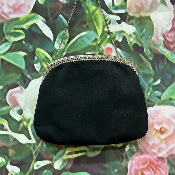 80s Black Satin Evening Purse Filigree Frame - image 4