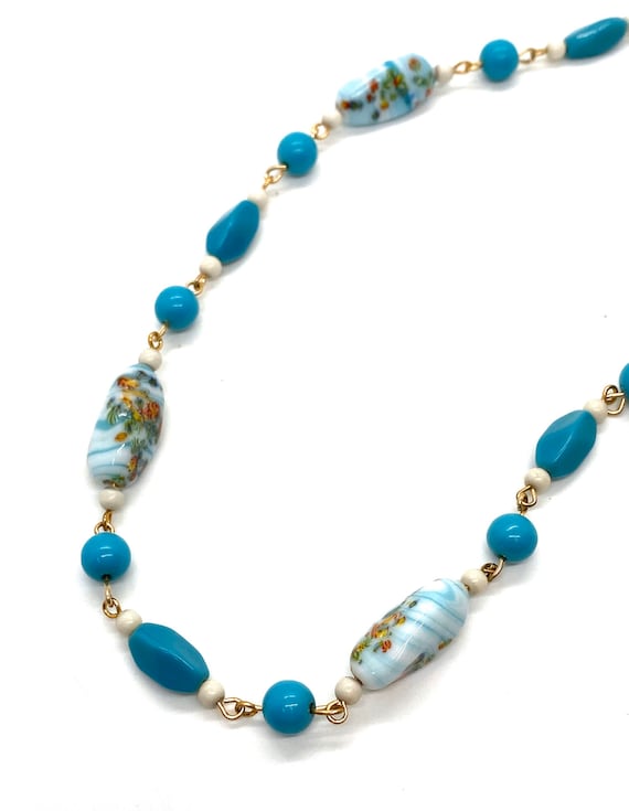40s Blue Painted Glass Bead Necklace Flowers