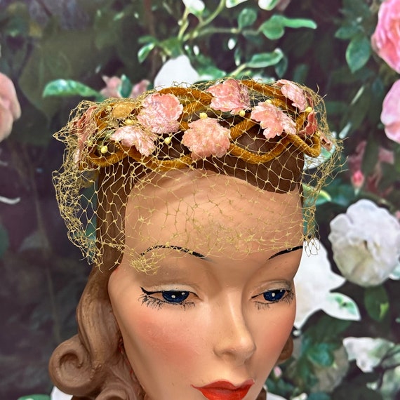 Vintage Custom Made Floral Orange Brown Gold Lurex Pill Box Hat M Orange and Yellow Floral Pillbox Hat By. Union Made, Vintage  main image 4