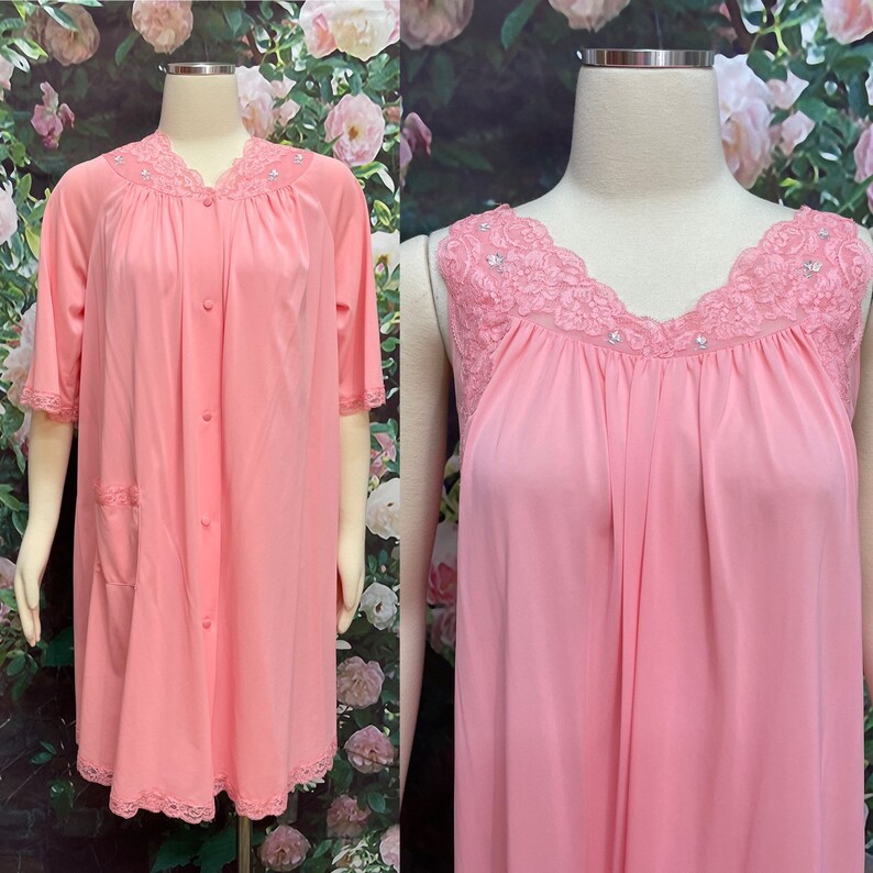 60s Shadowline Rose Pink Peignoir Negligee Nylon Nightgown Small image 1