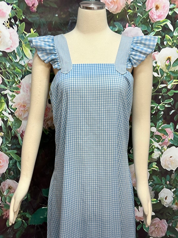 70s Blue Gingham Maxi Dress Ruffled Shoulders