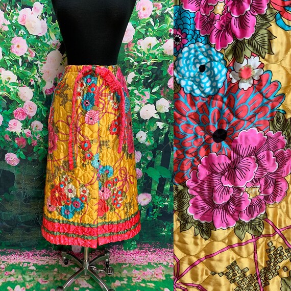 70s Quilted Satin Skirt Yellow Pink Floral