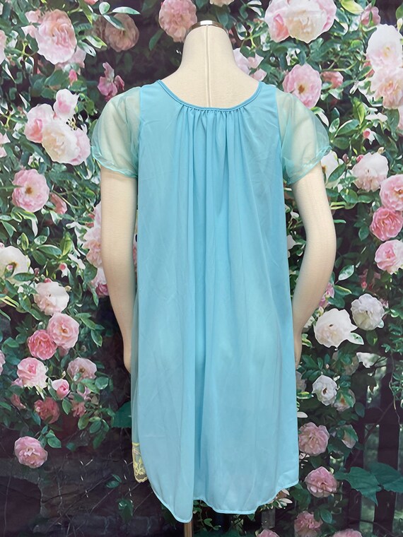 60s Turquoise Blue Chiffon Babydoll Nightgown Gol… - image 9