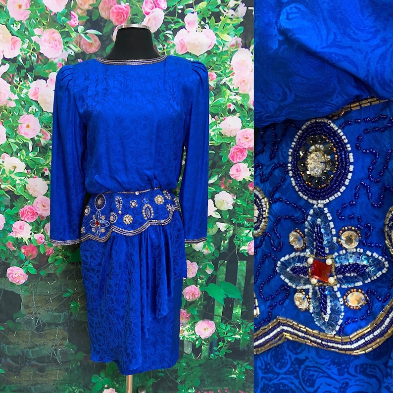 80s I. Magnin Blue Silk Formal Dress Beaded Sequins image 1