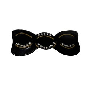 Vintage Black Lucite Rhinestone Bow Barrette Art Deco Hairclip