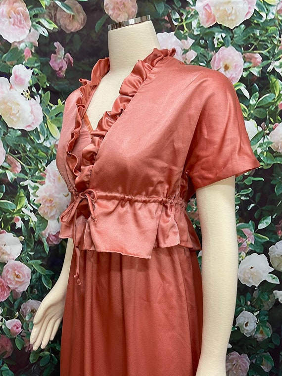 70s Rose Pink Satin Maxi Dress Ruffle Cropped Jac… - image 4