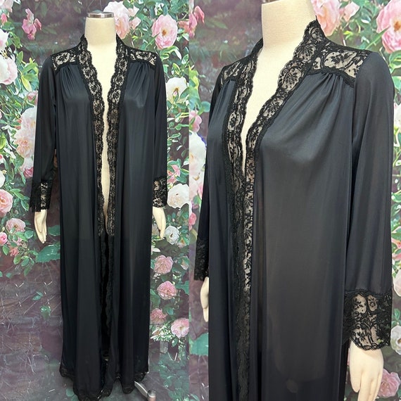 70s Olga Black Lace Robe Dressing Gown 9702 Medium - image 1