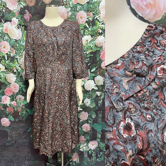 40s Mynette Gray Floral Rayon Dress Plus Size XL - image 1