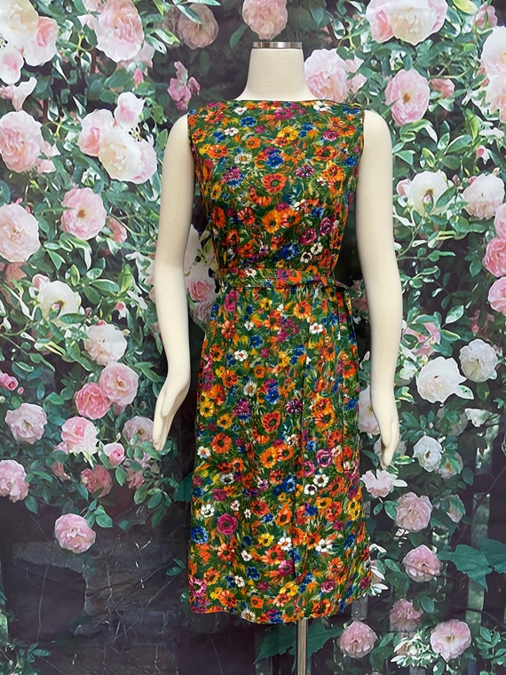 70s Tori Richard Green Floral Sheath Dress Holida… - image 2