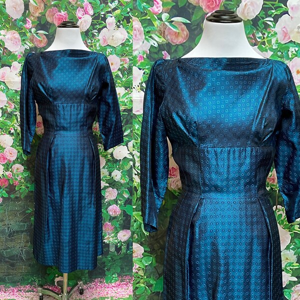 50s Blue Taffeta Brocade Cocktail Dress Small