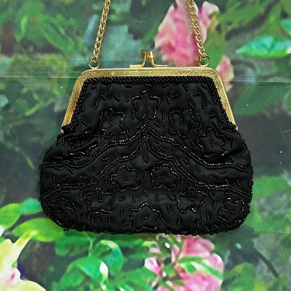 70s Richere Black Satin Beaded Purse Lightweight - image 1