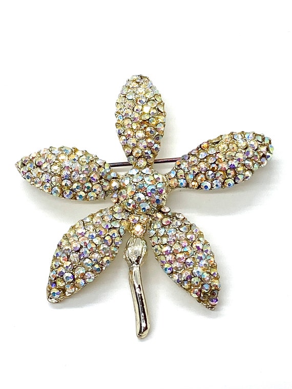 40s AB Pave Rhinestone Flower Brooch Earrings - image 2