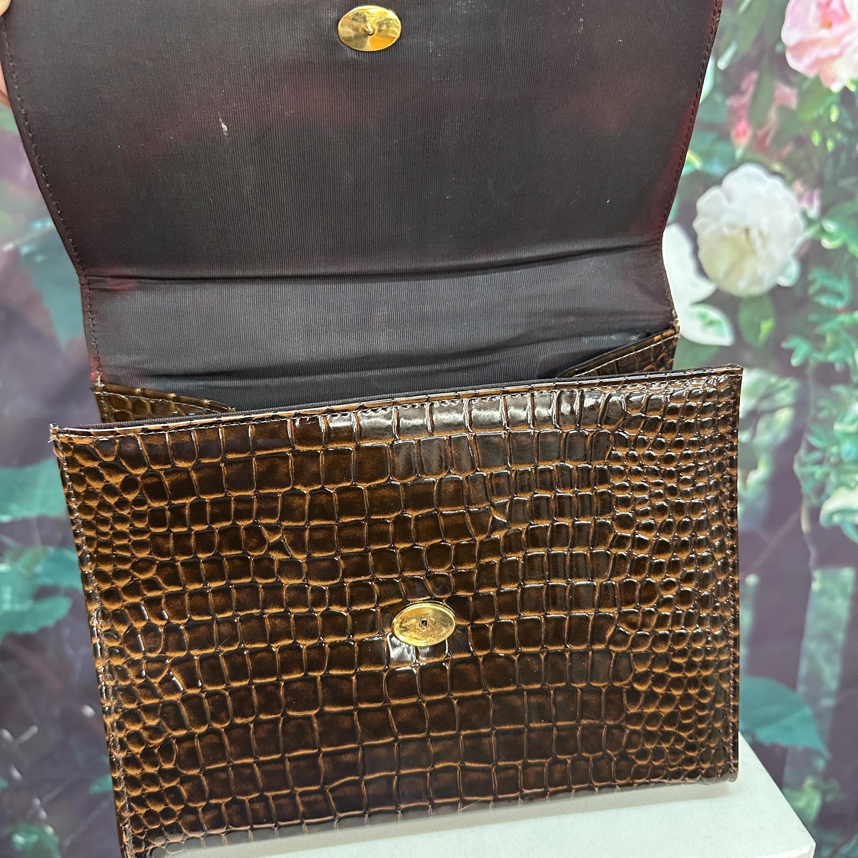 vintage croc embossed brown leather handbag by marquise Cristian AUTHENTIC Brown GENUINE LEATHER SHOULDER BAG Italy  main image 2