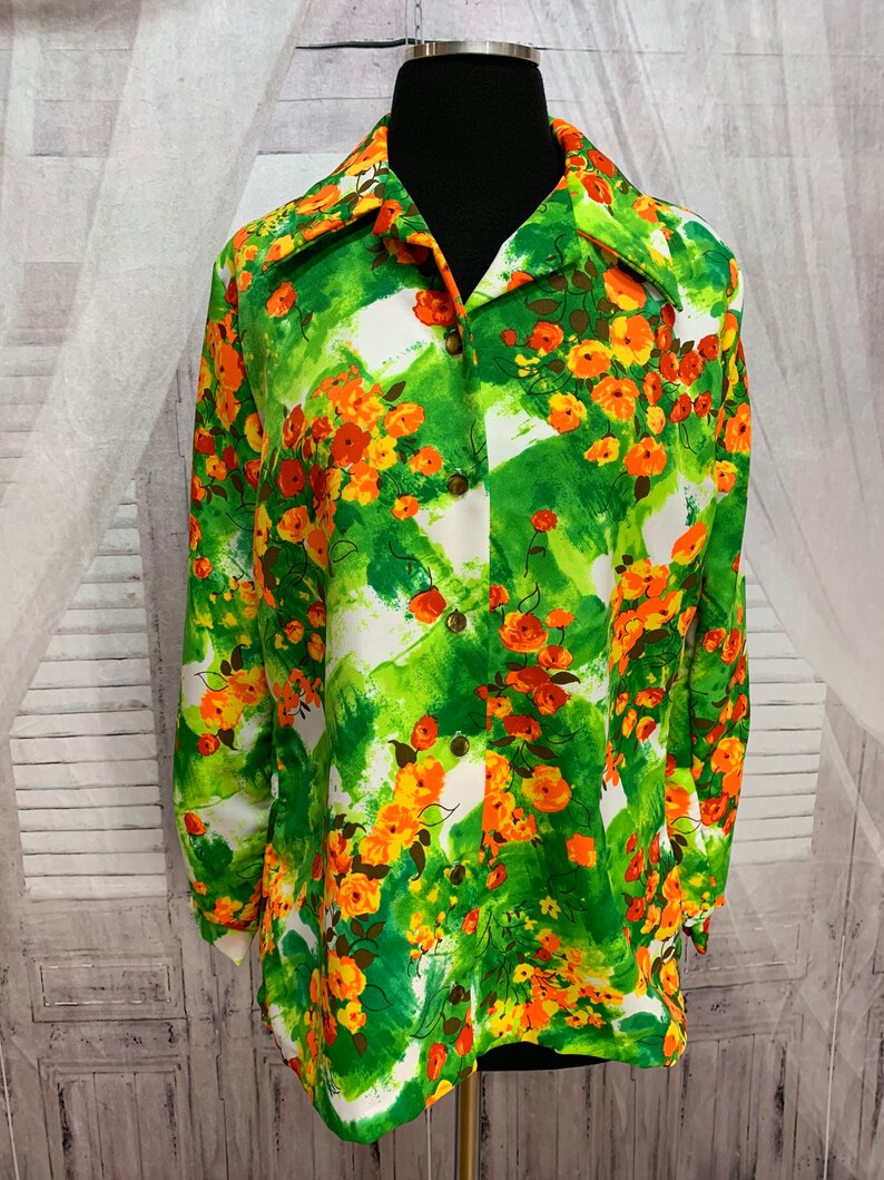 70s Green Floral Shirt Orange Flower Lanie J California Large