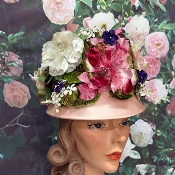 60s Marche Pink Satin Floral Hat Velvet Flowers Bucket Hat - Etsy