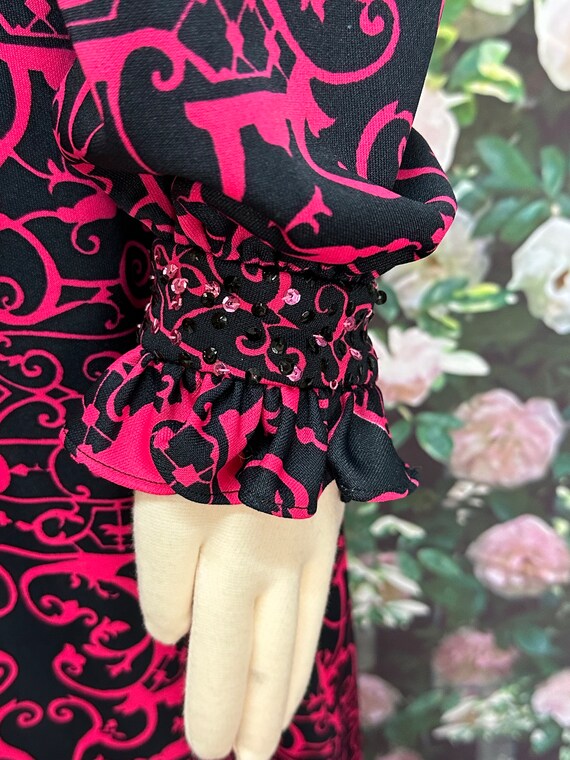 70s Black Pink Sequin Maxi Dress Ruffles Large - image 6