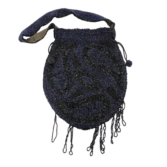 20s Art Deco Blue Micro Bead Drawstring Handbag F… - image 1