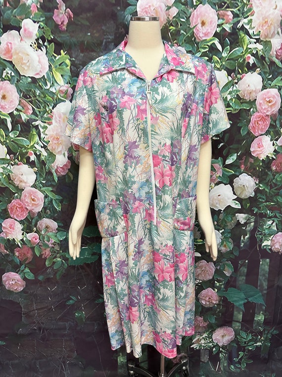 70s Pink Floral Zip Dress Ms Lea Plus Size - image 2