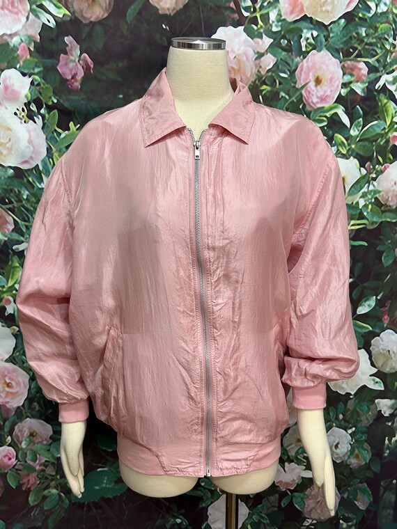 80s Pink Silk Bomber Jacket Zip Front Large - image 1