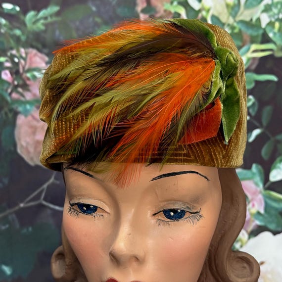 50s Orange Green Feather Pillbox Textured Brown Velvet Ethel Atkins