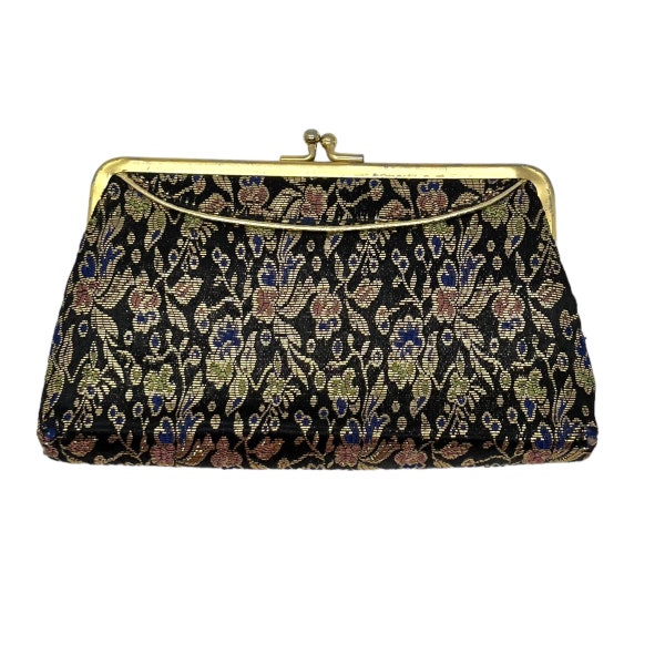 60s Black Floral Brocade Clutch Purse Kisslock