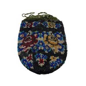 Victorian Floral Beaded Drawstring Purse Multi Color Roses