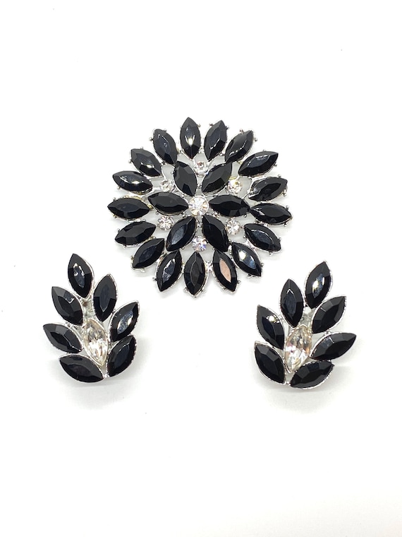 60s Jet Black Rhinestone Flower Brooch Earrings