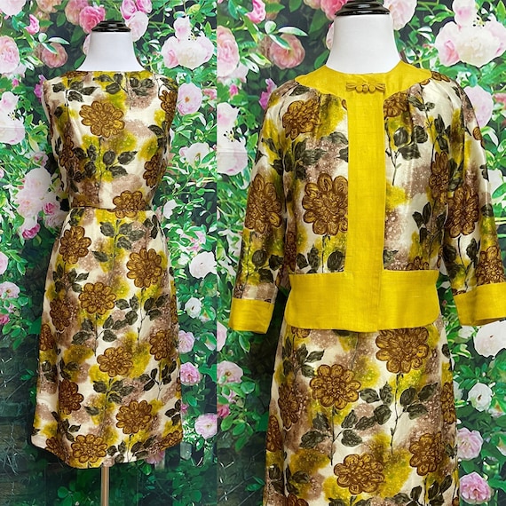 60s Malia of Hawaii Gold Floral Dress Cropped Jac… - image 1