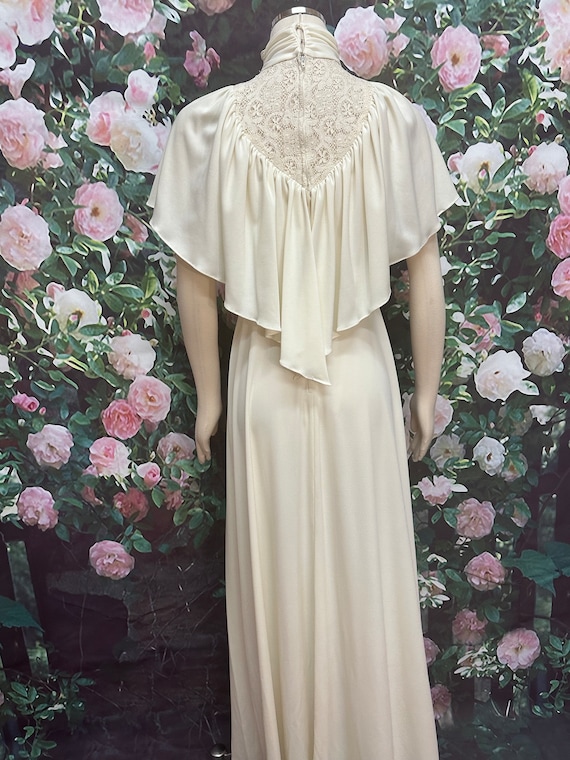 70s Cream High Neck Maxi Dress Lace Ruffle Front