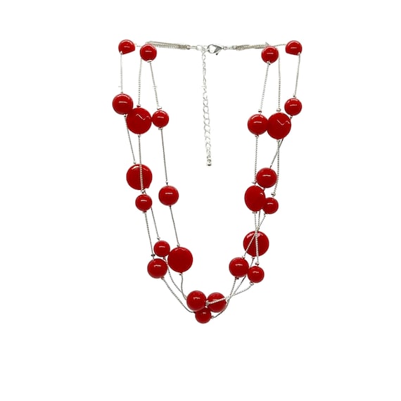 70s Red Ball Necklace Triple Strand Faceted Beads
