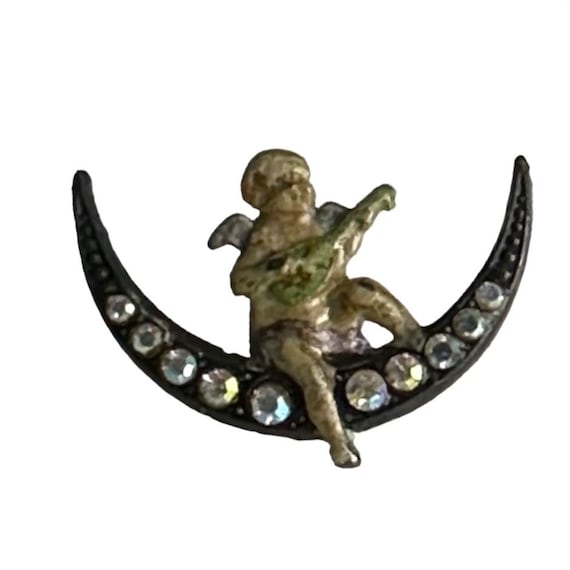 40s Silver Cupid Crescent Moon Lapel Pin AB Cryst… - image 1