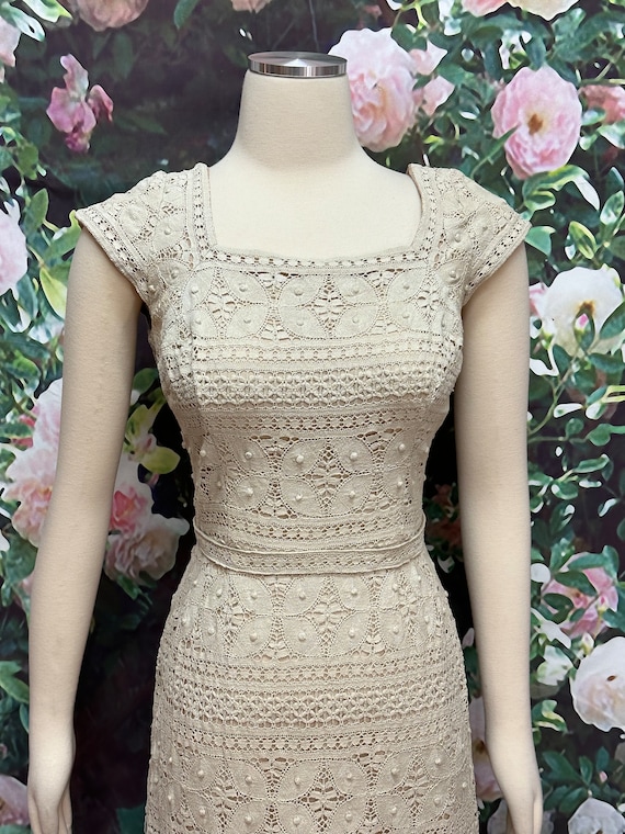 60s Peggy Hunt Beige Crochet Lace Dress - image 3