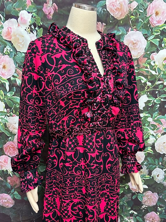 70s Black Pink Sequin Maxi Dress Ruffles Large - image 8