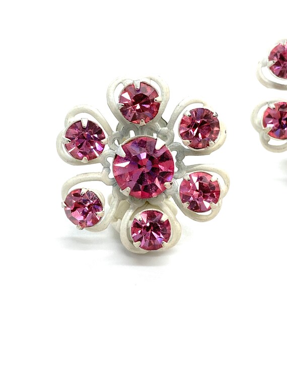 60s Pink Rhinestone Daisy Earrings Set in White - image 2