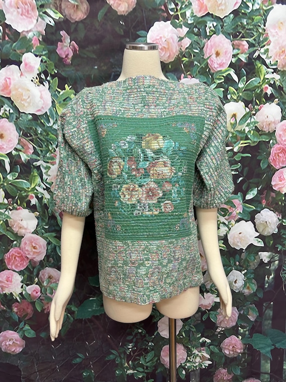 80s Green Floral Pullover Quilted Sweater Fiber Art Sakiori