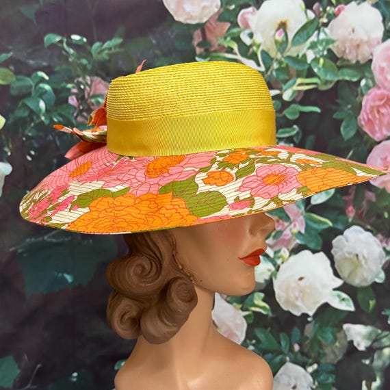 80s Pink Floral Sun Hat Yellow Straw by Bullocks NWT - Etsy display picture 1