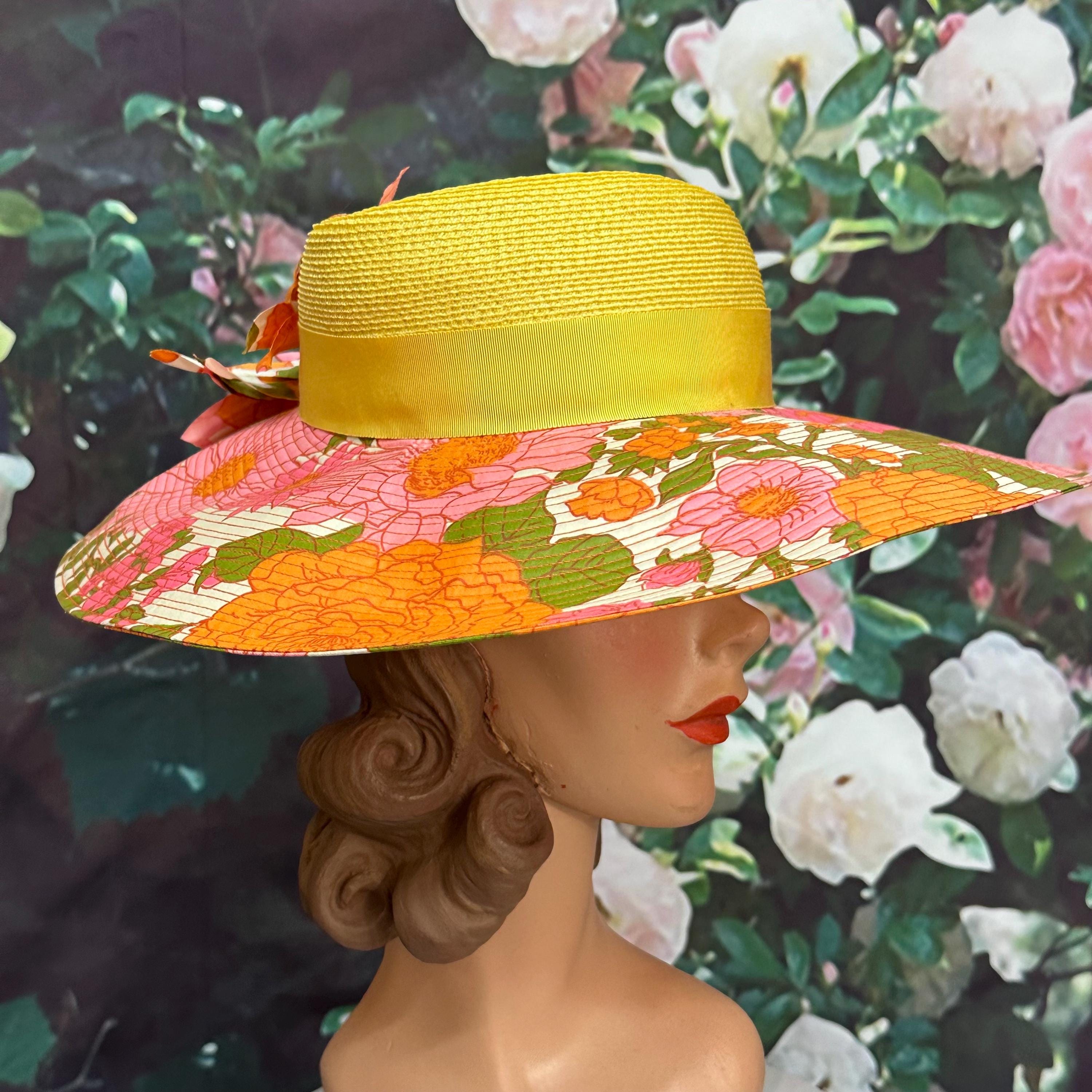 80s Pink Floral Sun Hat Yellow Straw by Bullocks NWT - Etsy
