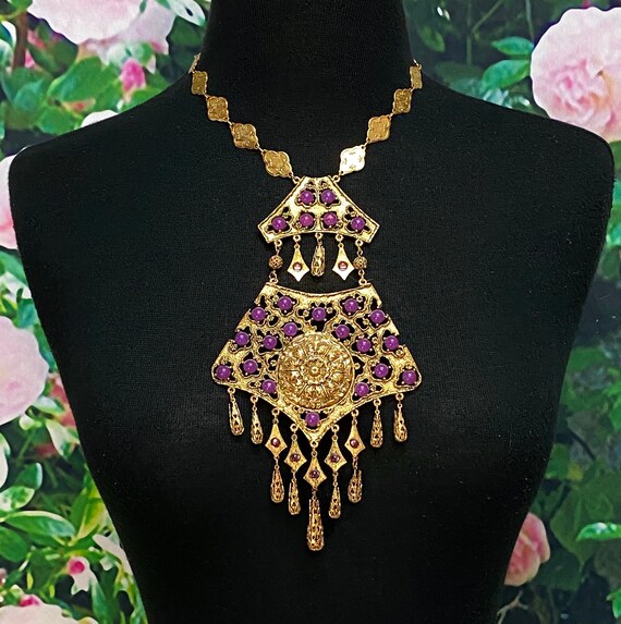 60s Goldette Fringe Necklace Purple Cabochons